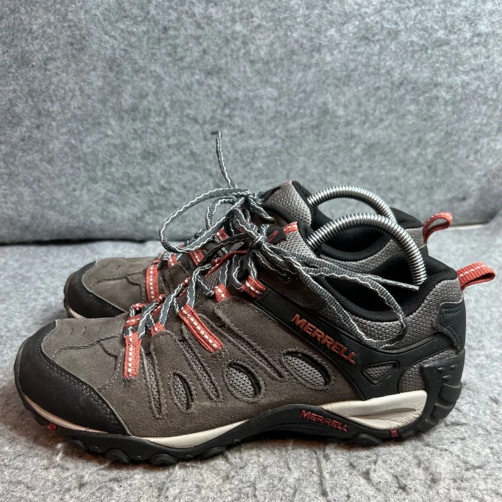 Merrell Mens Hiking Shoes Grey Orange Suede Mesh Low Top Trail Sneakers Size 9.5